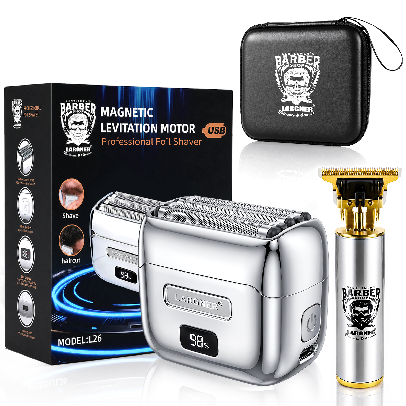 LARGNER Professional Grooming Combo – Magnetic Levitation Foil Shaver (Model L26) and Precision T-Blade Trimmer Set with LED Display and Travel Case