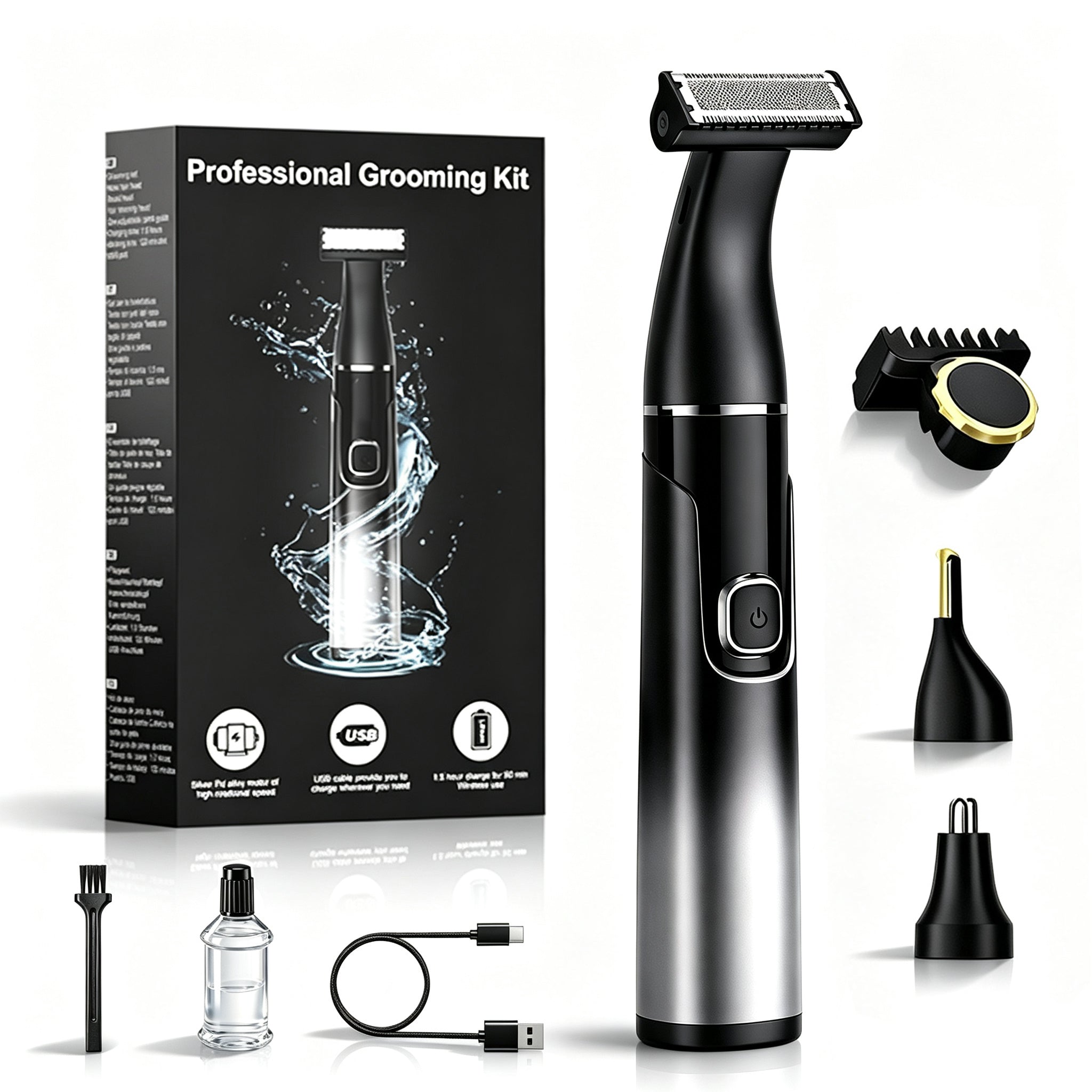 Professional Grooming Kit – All-in-One Cordless Electric Trimmer, Nose Hair Clipper, and Precision Shaver Set with USB Fast Charging