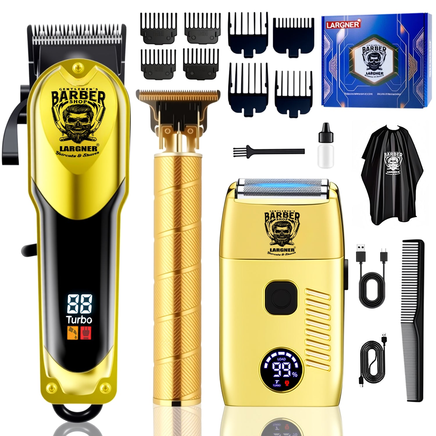 LARGNER 3-in-1 Heavy-Duty Hair Clippers for Men, Professional Barber Kit with Turbo Clipper, T-Blade Trimmer & Foil Shaver, 150-Min Runtime, Gold, 18-Piece