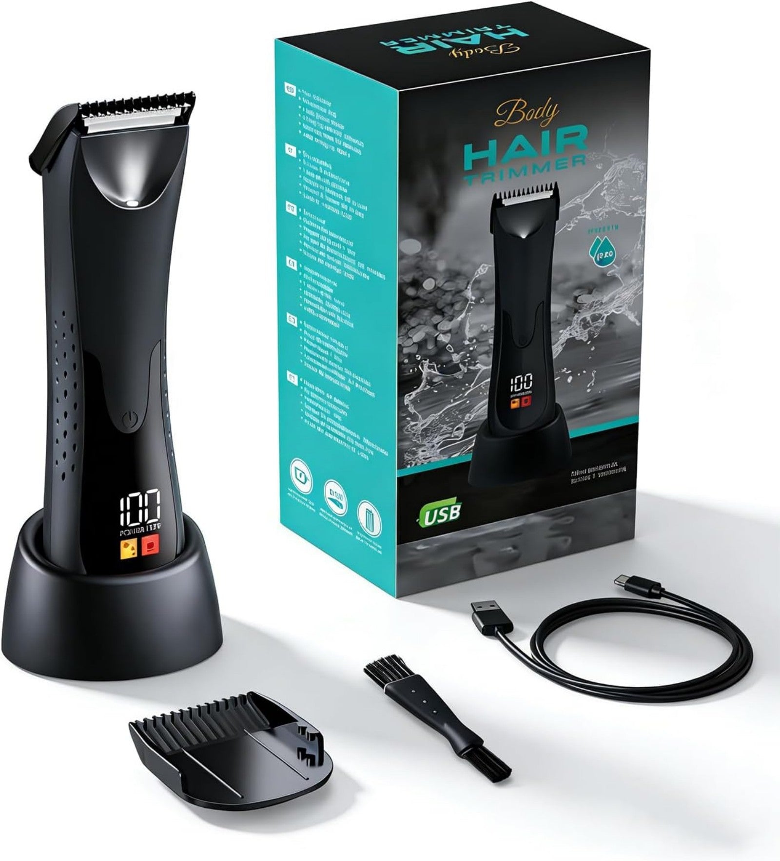 LARGNER Men's Body Hair Trimmer & Groin Shaver, Skin-Safe Ceramic Blade Manscaping Clipper for Home, IPX5 Waterproof, LED Display & Dock, Black
