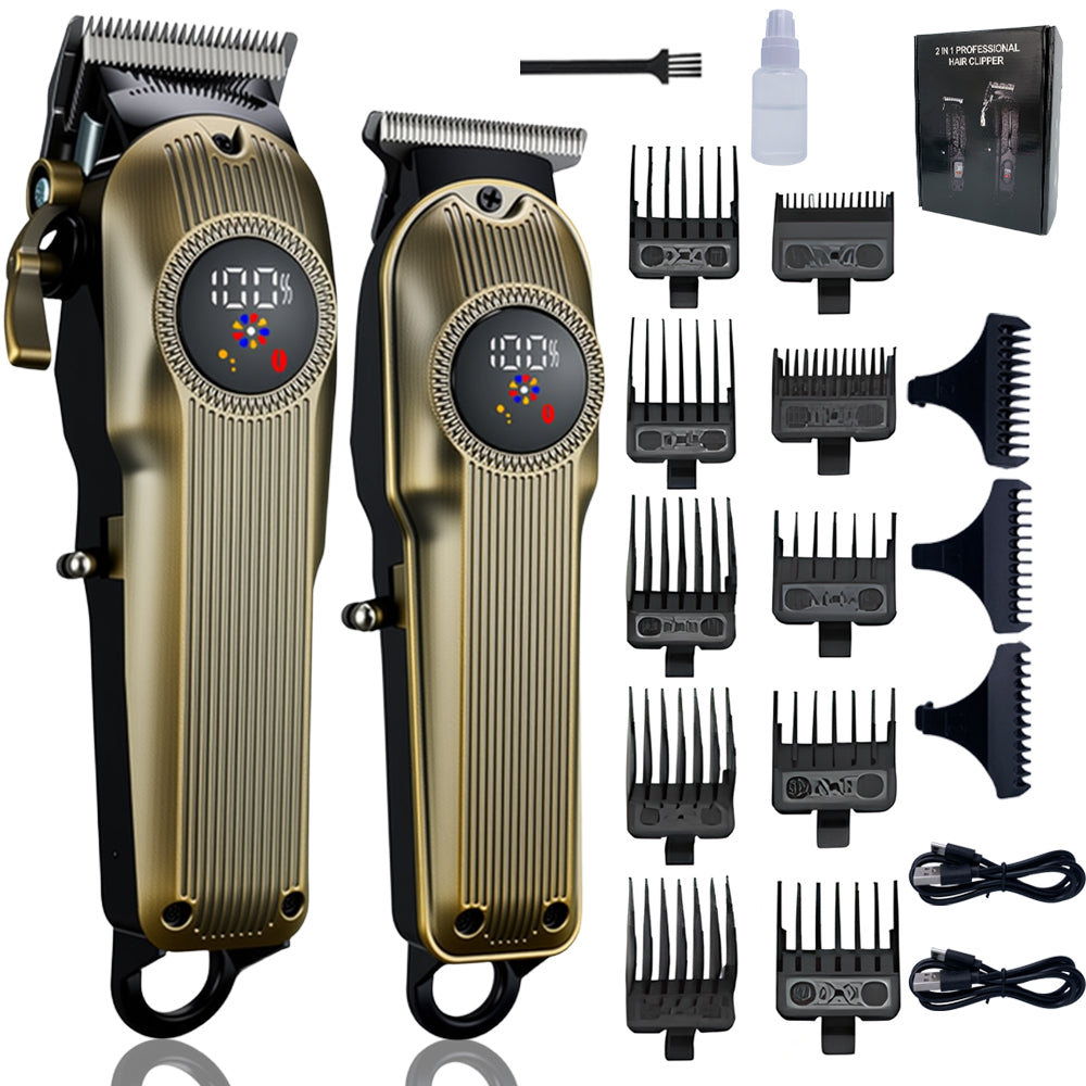 Professional 2-in-1 Hair Clipper and T-Blade Trimmer Set – Cordless Grooming Kit with Digital LED Display and Complete Guide Combs