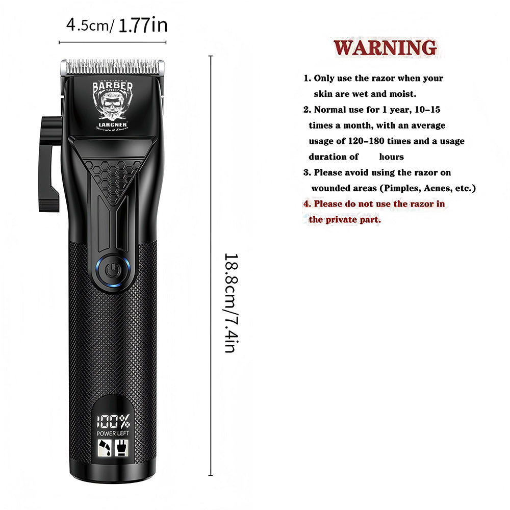 LARGNER Professional Cordless Hair Clipper – High-Performance Barber Grooming Tool with LED Battery Display and Complete Accessory Kit