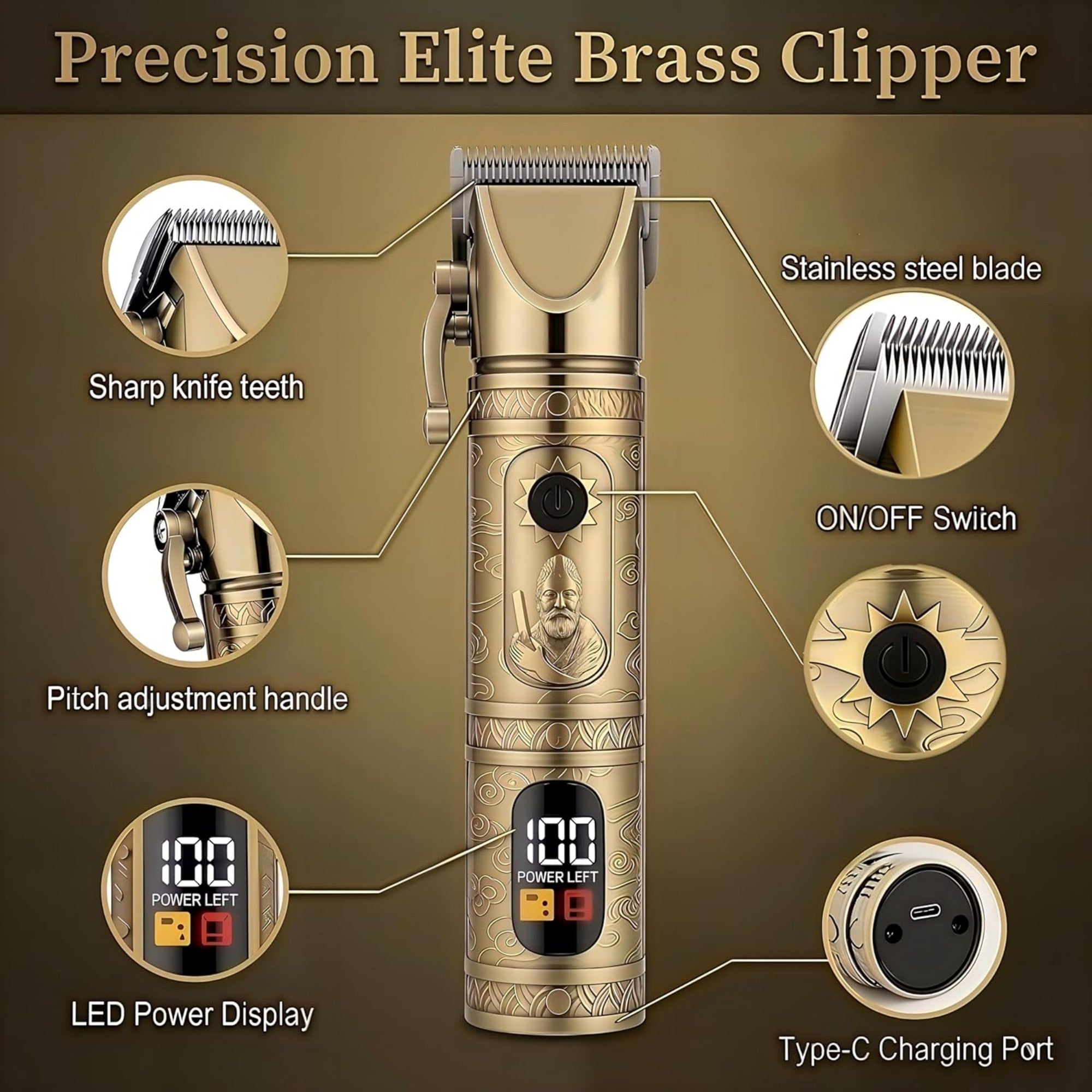 LARGNER 4-in-1 Vintage Metal Grooming Kit for Men, Cordless Hair Clipper, Beard & Nose Trimmer, Foil Shaver with Storage Case