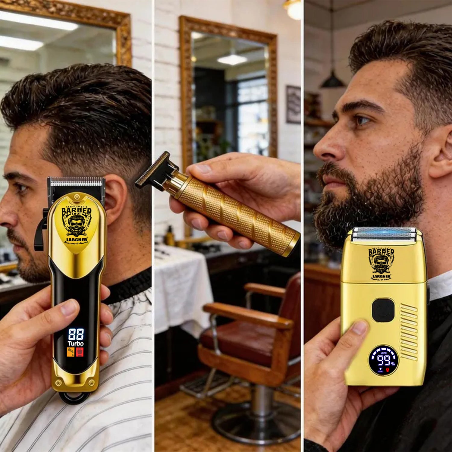 LARGNER 3-in-1 Heavy-Duty Hair Clippers for Men, Professional Barber Kit with Turbo Clipper, T-Blade Trimmer & Foil Shaver, 150-Min Runtime, Gold, 18-Piece
