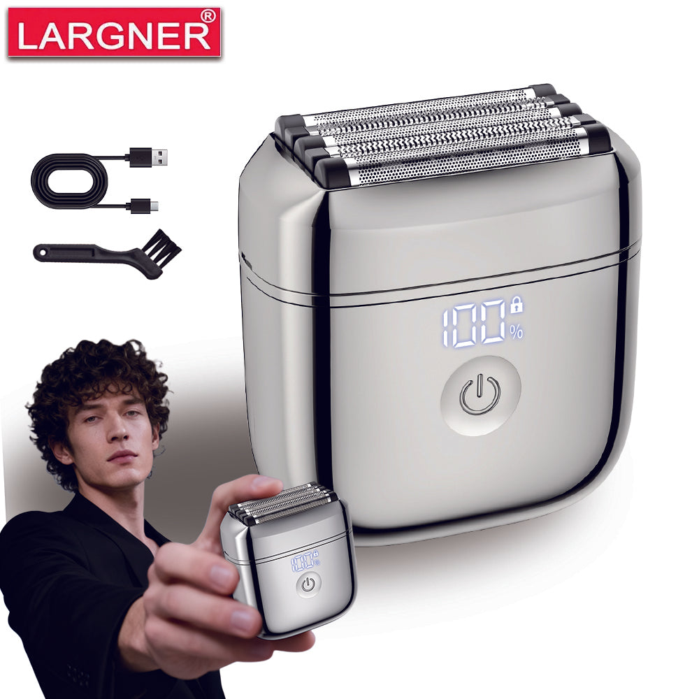 LARGNER Men's Mini Travel Shaver, USB-C Rechargeable Electric Shaver, 60 Minutes of Battery Life, Removable Washable Head, Wet and Dry Use, Portable Care Kit