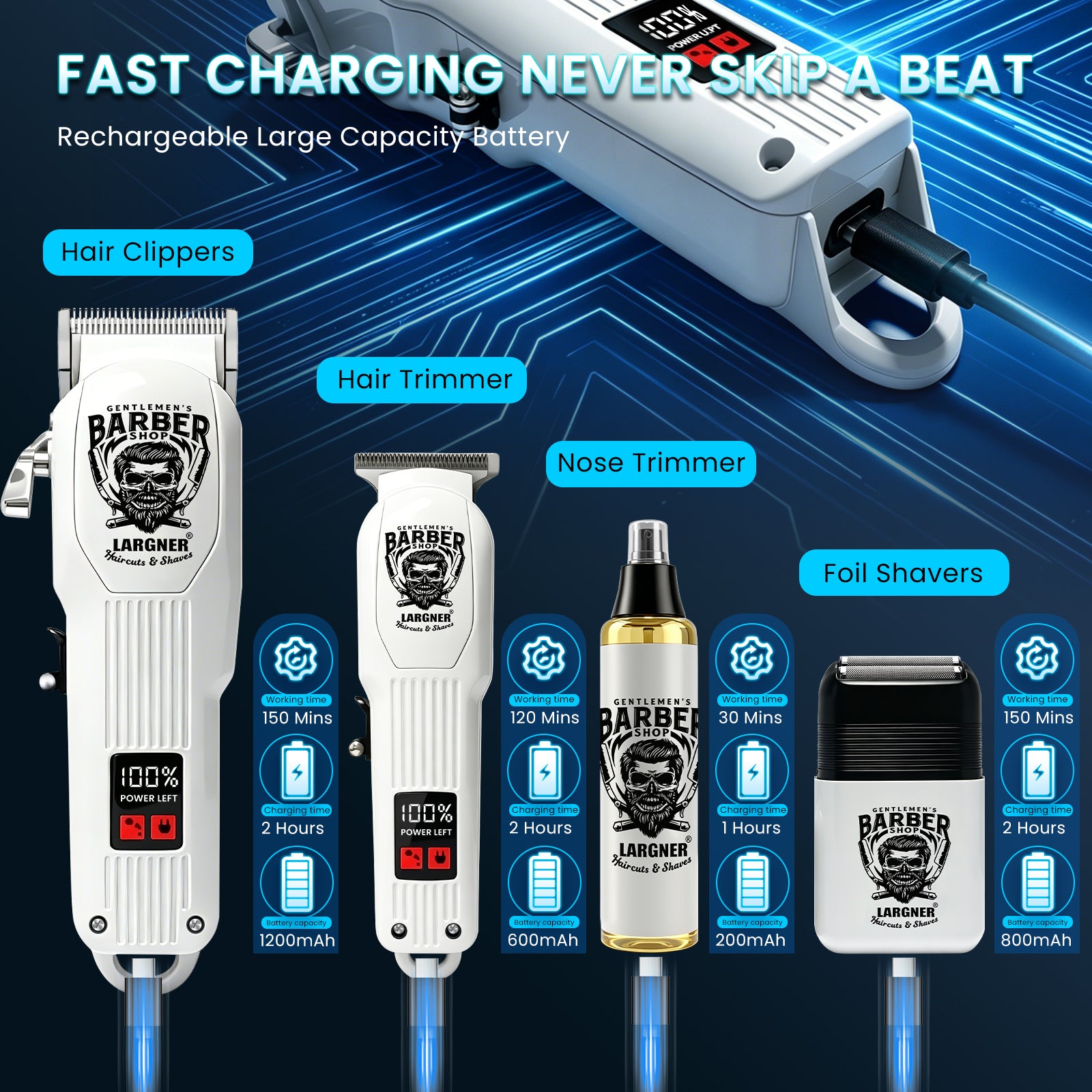 LARGNER Professional Hair Clippers for Men, Cordless Barber Clipper & Edger Set, White Mens Grooming Kit with Foil Shaver & Nose Trimmer, LED Display, Haircut Tools, Gifts for Dad