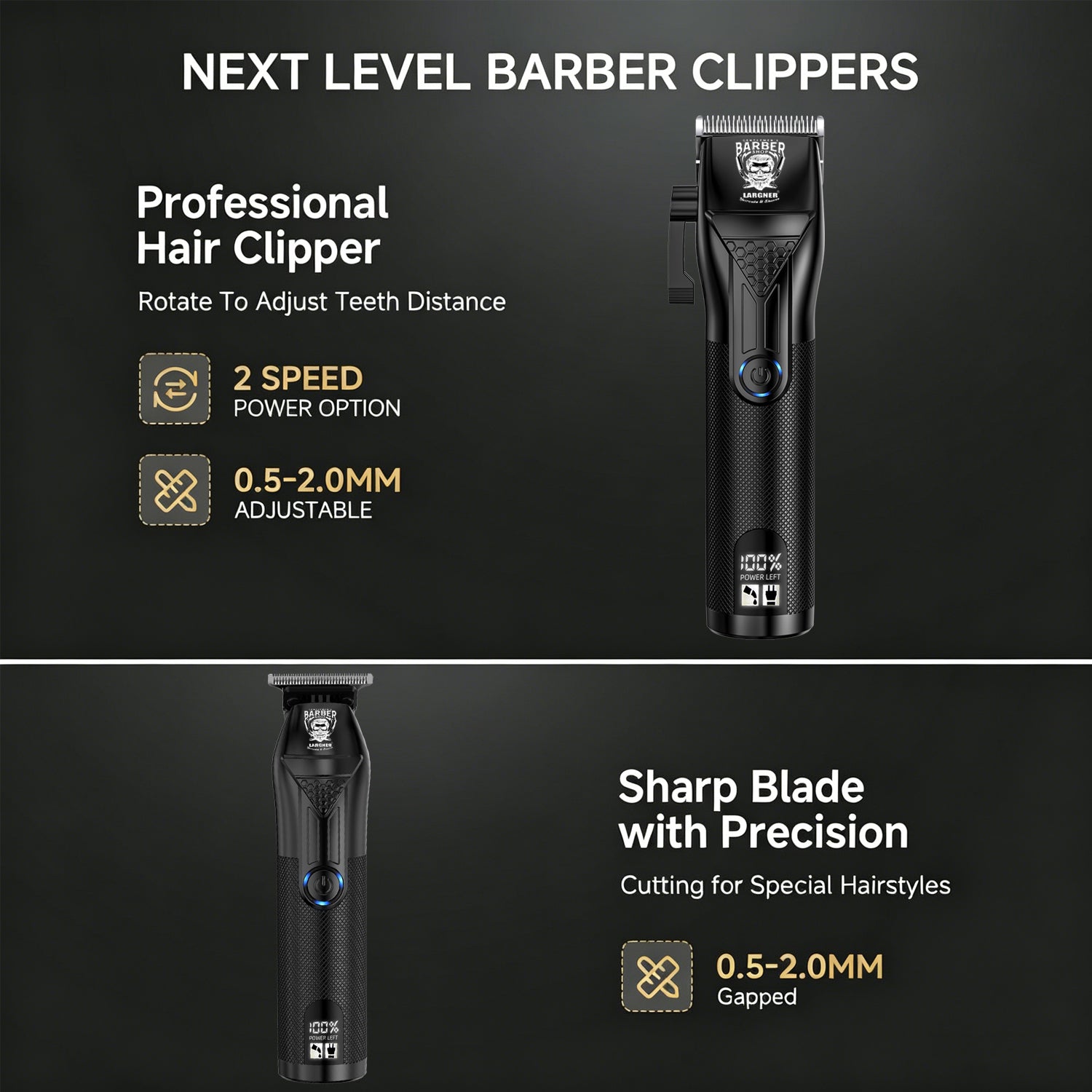 LARGNER 3-in-1 Men's Professional Barber Hair Clipper Set, Cordless T-Blade Trimmer & Foil Shaver Kit with LCD, 2-Speed & Travel Lock, Black