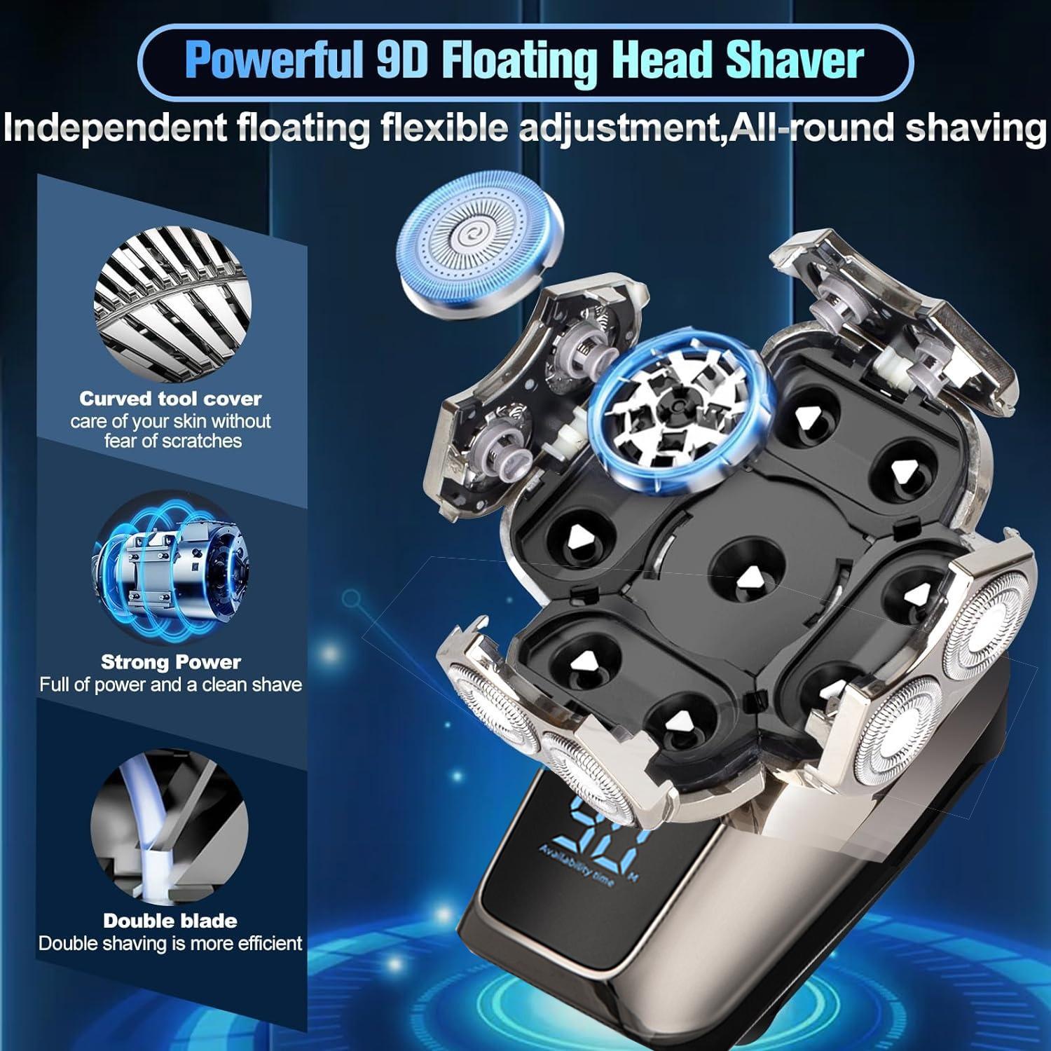 9D Head Shavers for Bald Men, 6-in-1 Electric Razor, Waterproof Wet/Dry, Cordless Rechargeable, LED Display