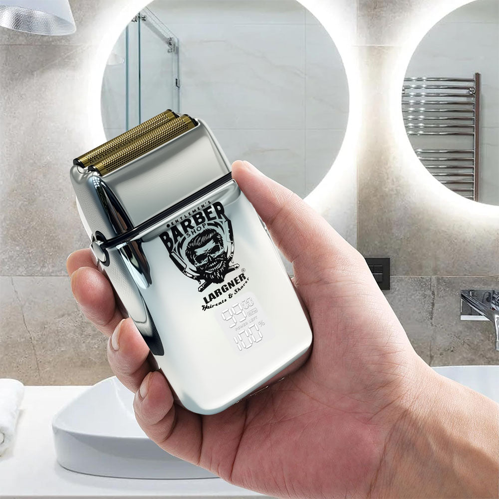 LARGNER Professional Foil Shaver – Cordless Electric Barber Shaver with Metallic Finish, LED Power Display, and Protective Cap