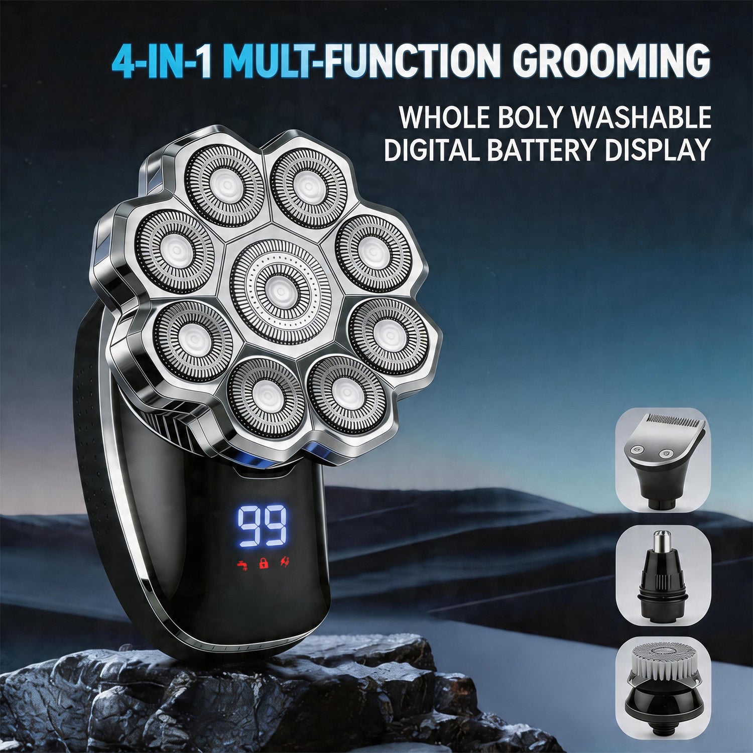 LARGNER 9D Rotary Shaver – 5-in-1 Men’s Electric Grooming Kit, Cordless 360° Floating Head Shaver with LED Display, Model LK-9350