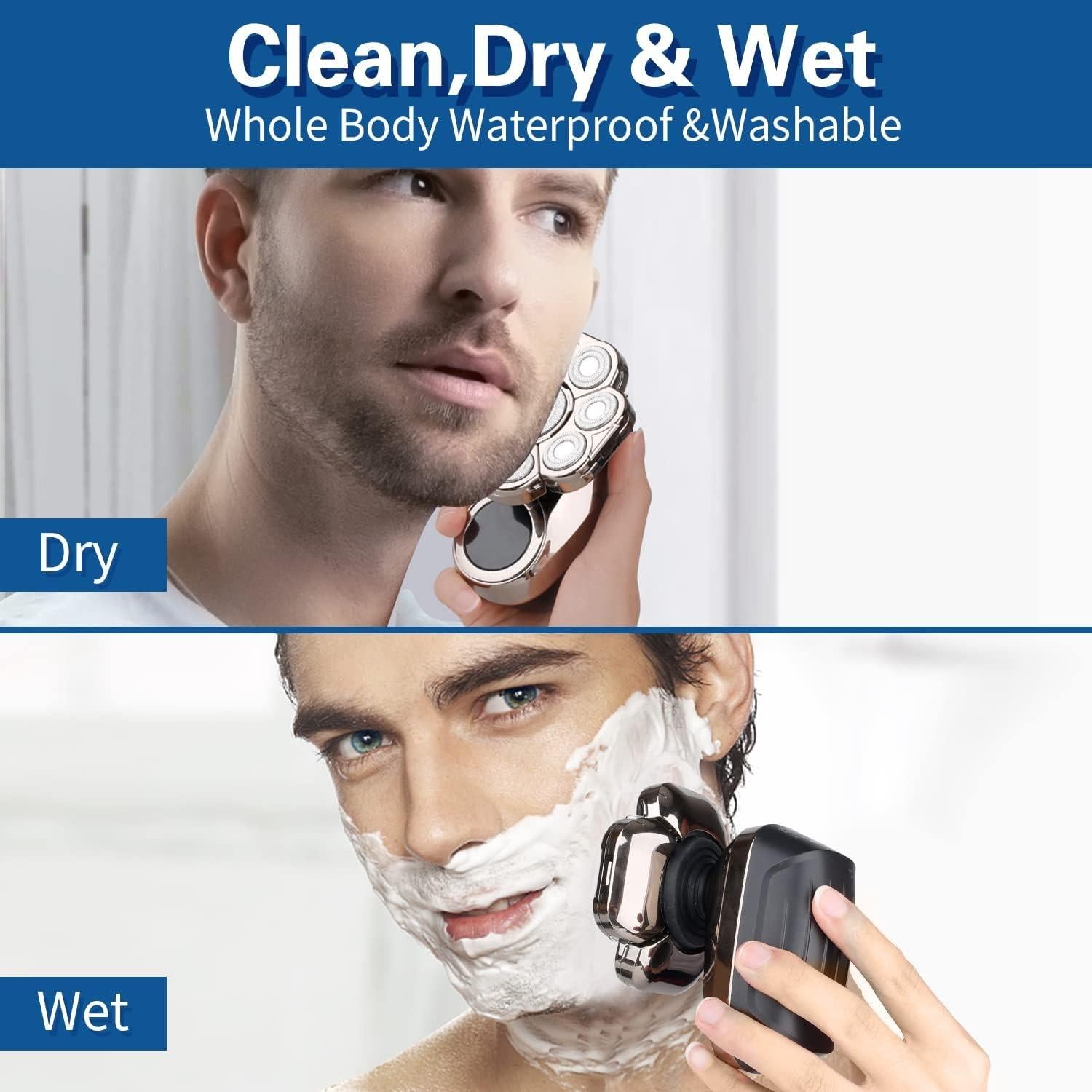 9D Head Shavers for Bald Men, 6-in-1 Electric Razor, Waterproof Wet/Dry, Cordless Rechargeable, LED Display