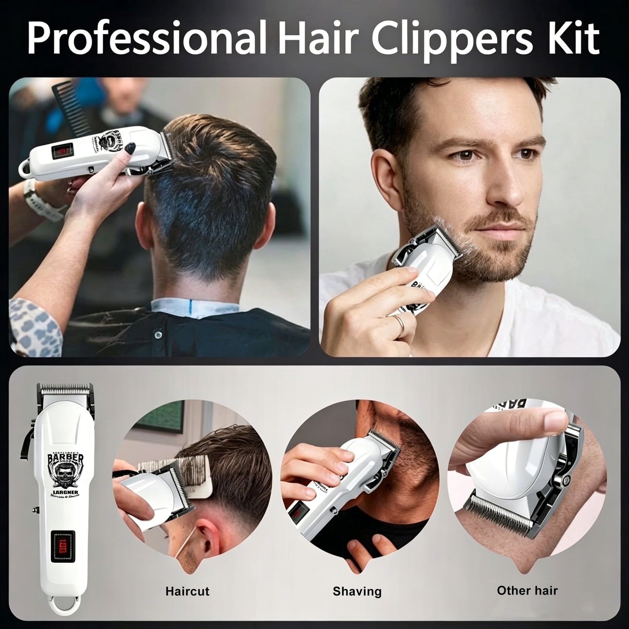 LARGNER 4-in-1 Professional Barber Hair Clippers for Men, Cordless Haircut & Grooming Kit with Zero-Gapped T-Blade, Foil Shaver & Nose Trimmer, LED Display, Gift for Him, White, 20-Piece