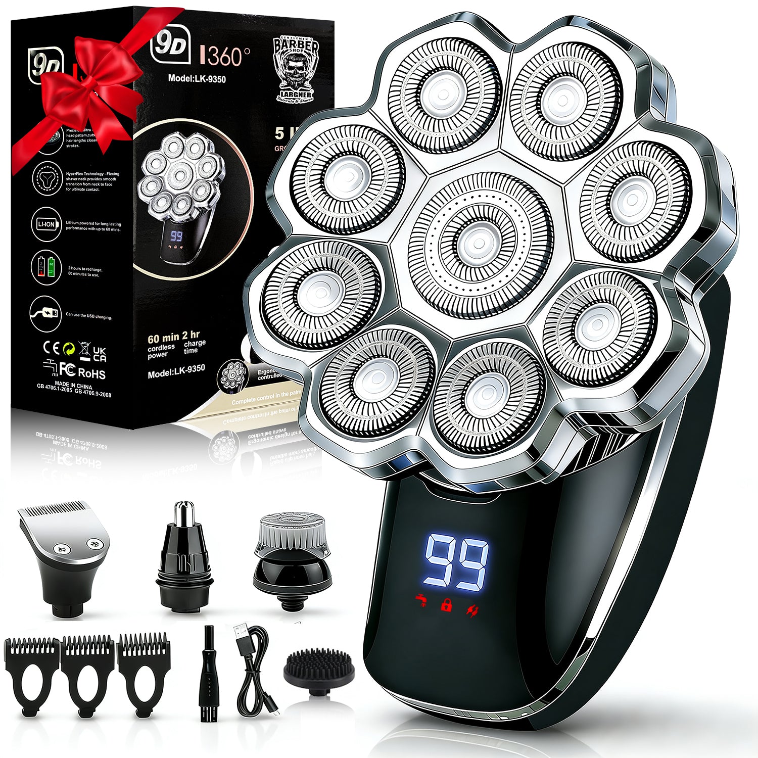LARGNER 9D Rotary Shaver – 5-in-1 Men’s Electric Grooming Kit, Cordless 360° Floating Head Shaver with LED Display, Model LK-9350