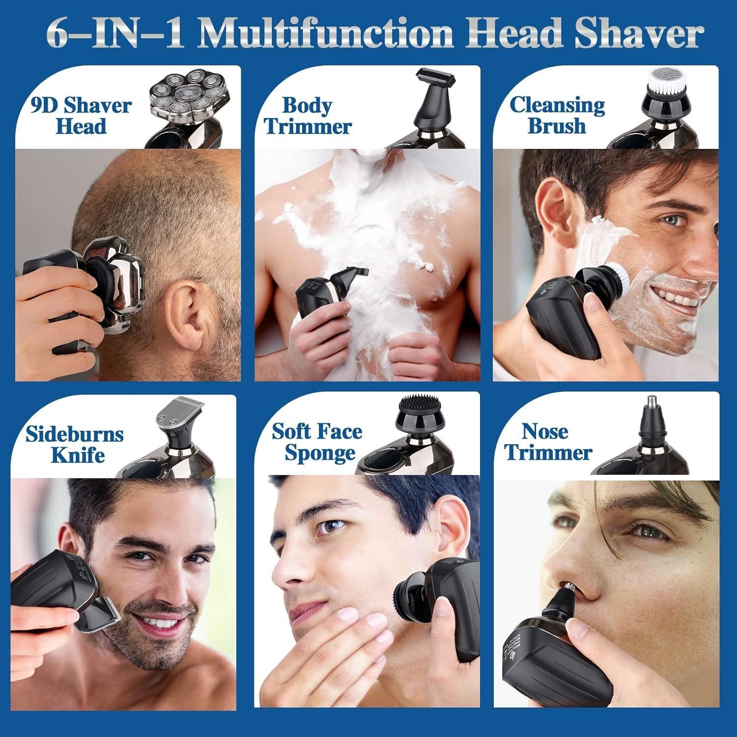 9D Head Shavers for Bald Men, 6-in-1 Electric Razor, Waterproof Wet/Dry, Cordless Rechargeable, LED Display