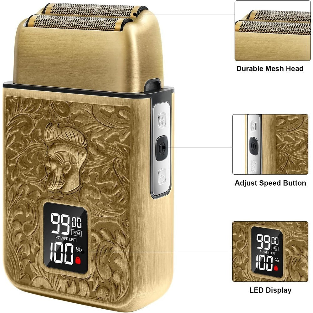 LARGNER Elite Series 3-Speed Electric Foil Shaver for Men, Cordless Metal Razor with Travel Lock & Smart LCD, Gold