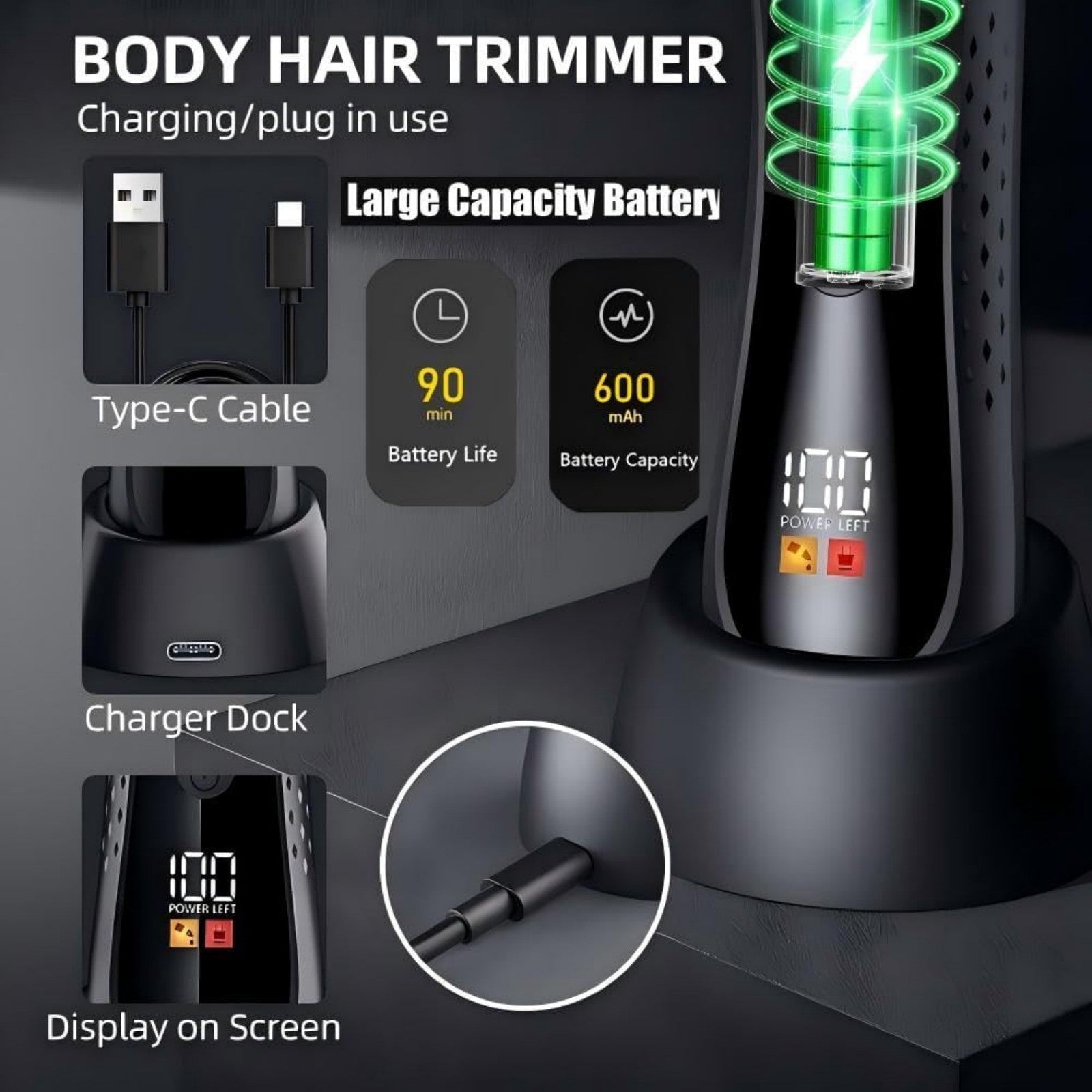 LARGNER Men's Body Hair Trimmer & Groin Shaver, Skin-Safe Ceramic Blade Manscaping Clipper for Home, IPX5 Waterproof, LED Display & Dock, Black
