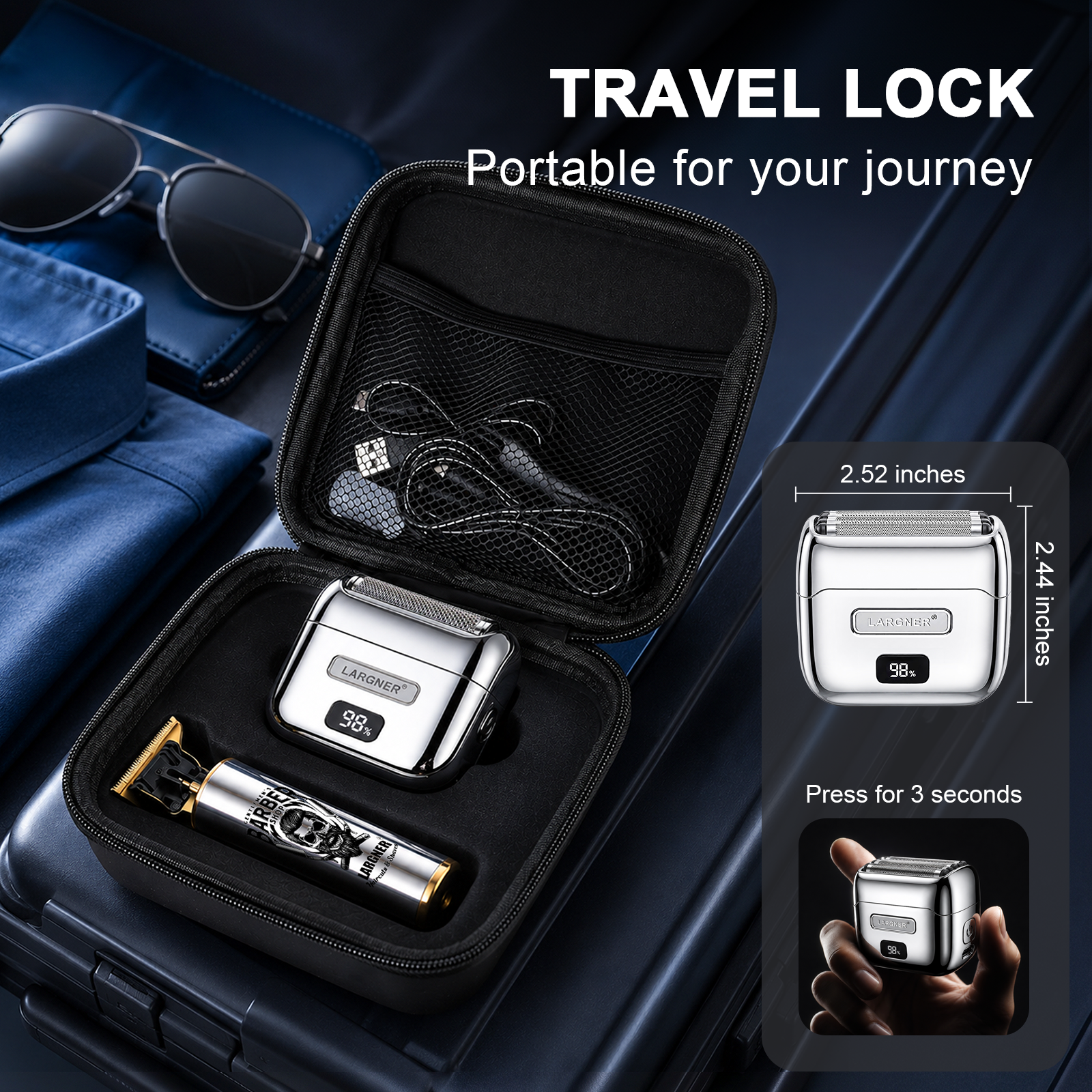 LARGNER Professional Grooming Combo – Magnetic Levitation Foil Shaver (Model L26) and Precision T-Blade Trimmer Set with LED Display and Travel Case