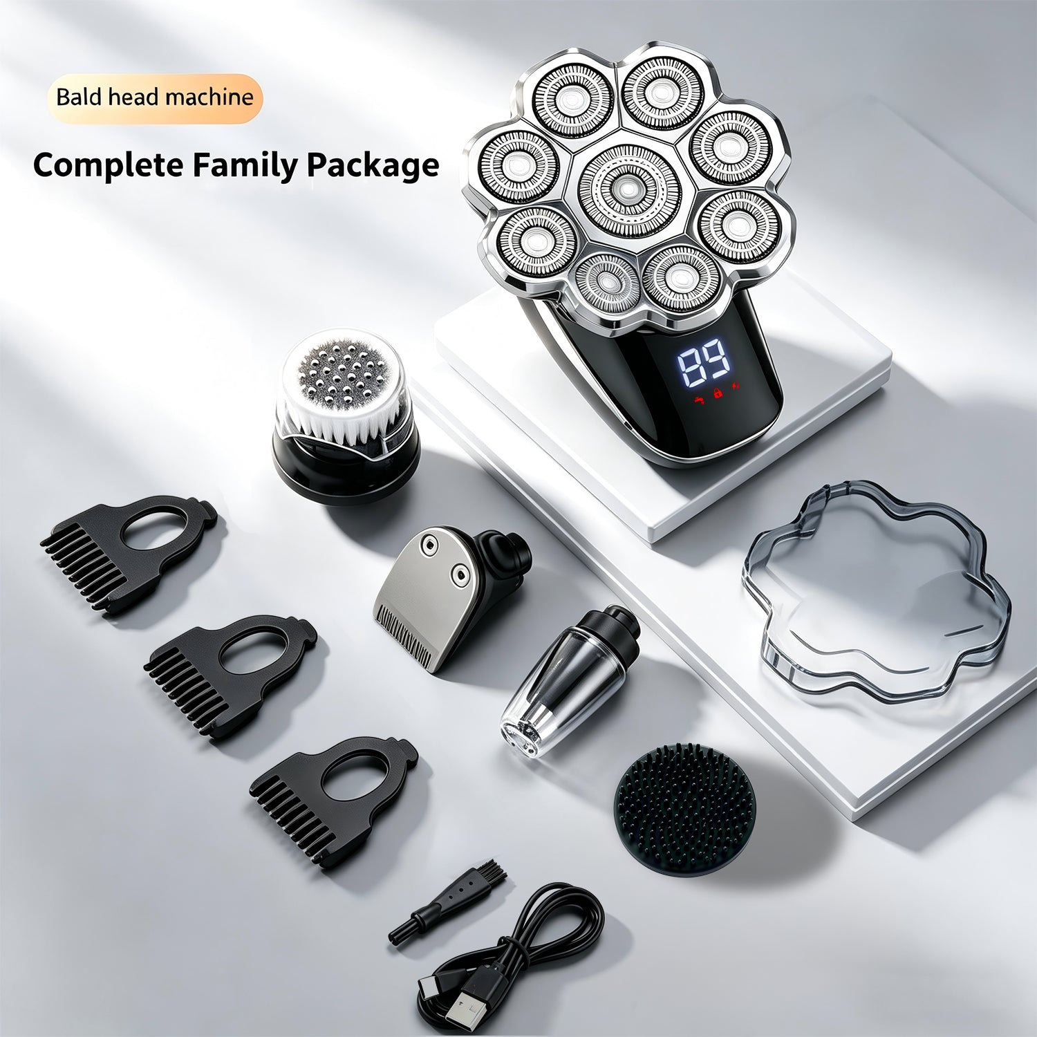 LARGNER 9D Electric Head Shaver for Bald Men, 5-in-1 Wet/Dry Cordless Rotary Razor Grooming Kit, IPX7 Waterproof, Smart LCD Display