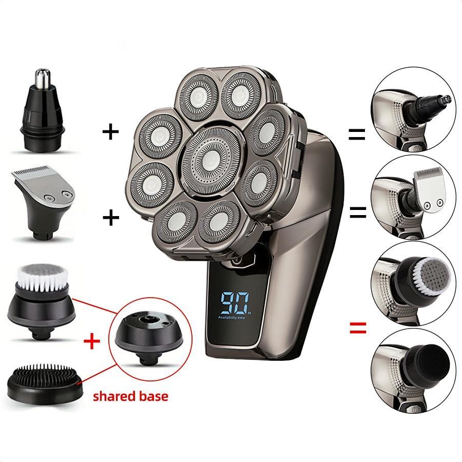 9D Head Shavers for Bald Men, 6-in-1 Electric Razor, Waterproof Wet/Dry, Cordless Rechargeable, LED Display