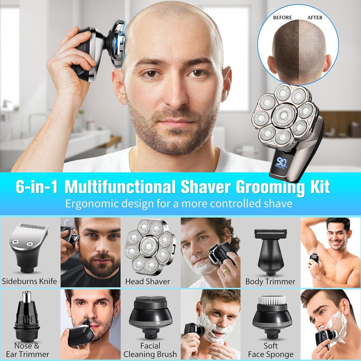 9D Head Shavers for Bald Men, 6-in-1 Electric Razor, Waterproof Wet/Dry, Cordless Rechargeable, LED Display