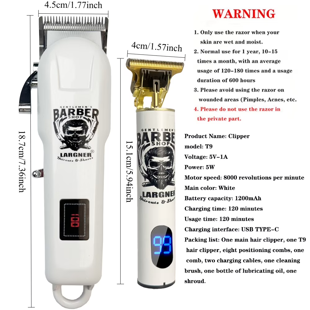 LARGNER 2-in-1 Professional Hair Clippers for Men, Cordless T-Blade Beard Trimmer & Home Haircut Kit with LED Display, White, 16-Piece