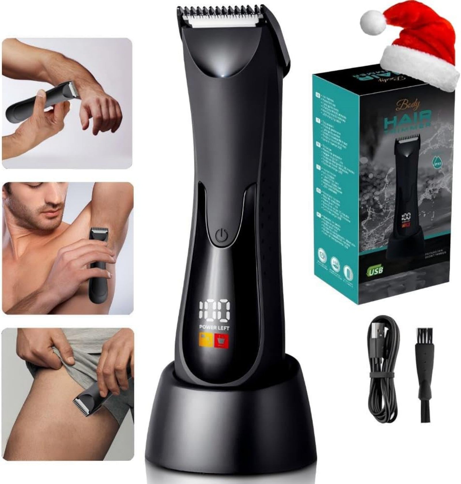 LARGNER Men's Body Hair Trimmer & Groin Shaver, Skin-Safe Ceramic Blade Manscaping Clipper for Home, IPX5 Waterproof, LED Display & Dock, Black