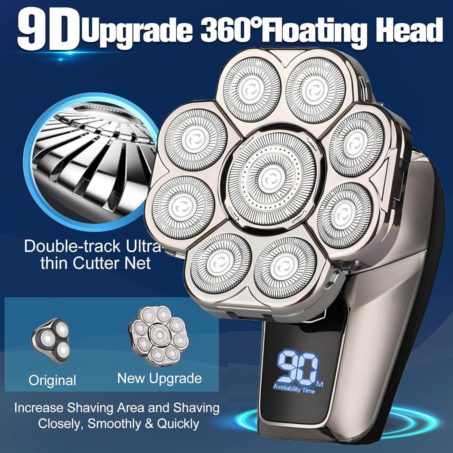 9D Head Shavers for Bald Men, 6-in-1 Electric Razor, Waterproof Wet/Dry, Cordless Rechargeable, LED Display