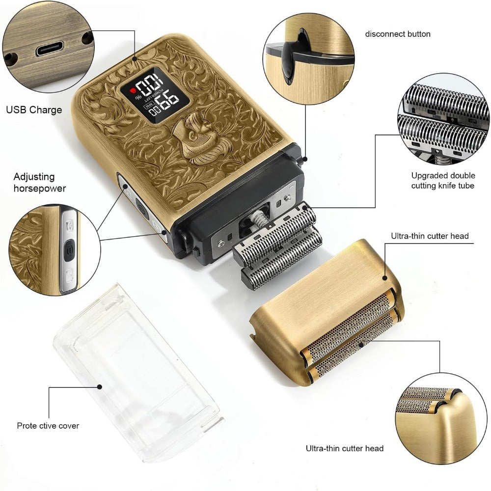 LARGNER Elite Series 3-Speed Electric Foil Shaver for Men, Cordless Metal Razor with Travel Lock & Smart LCD, Gold