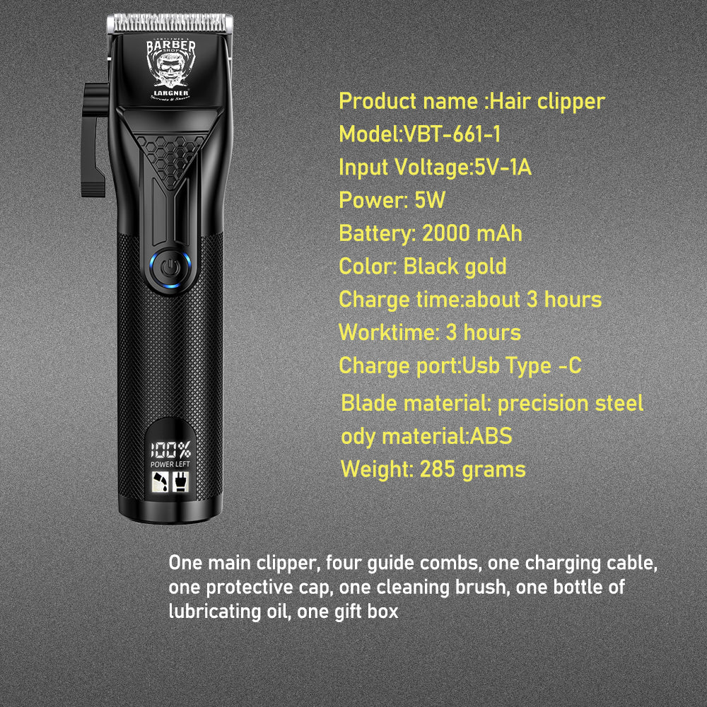 LARGNER Professional Cordless Hair Clipper – High-Performance Barber Grooming Tool with LED Battery Display and Complete Accessory Kit