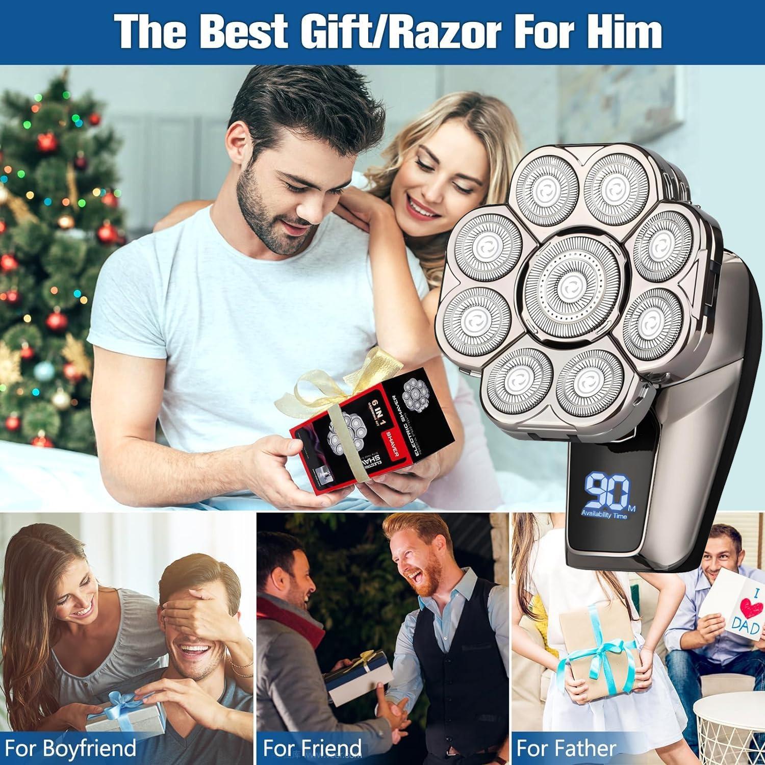 9D Head Shavers for Bald Men, 6-in-1 Electric Razor, Waterproof Wet/Dry, Cordless Rechargeable, LED Display