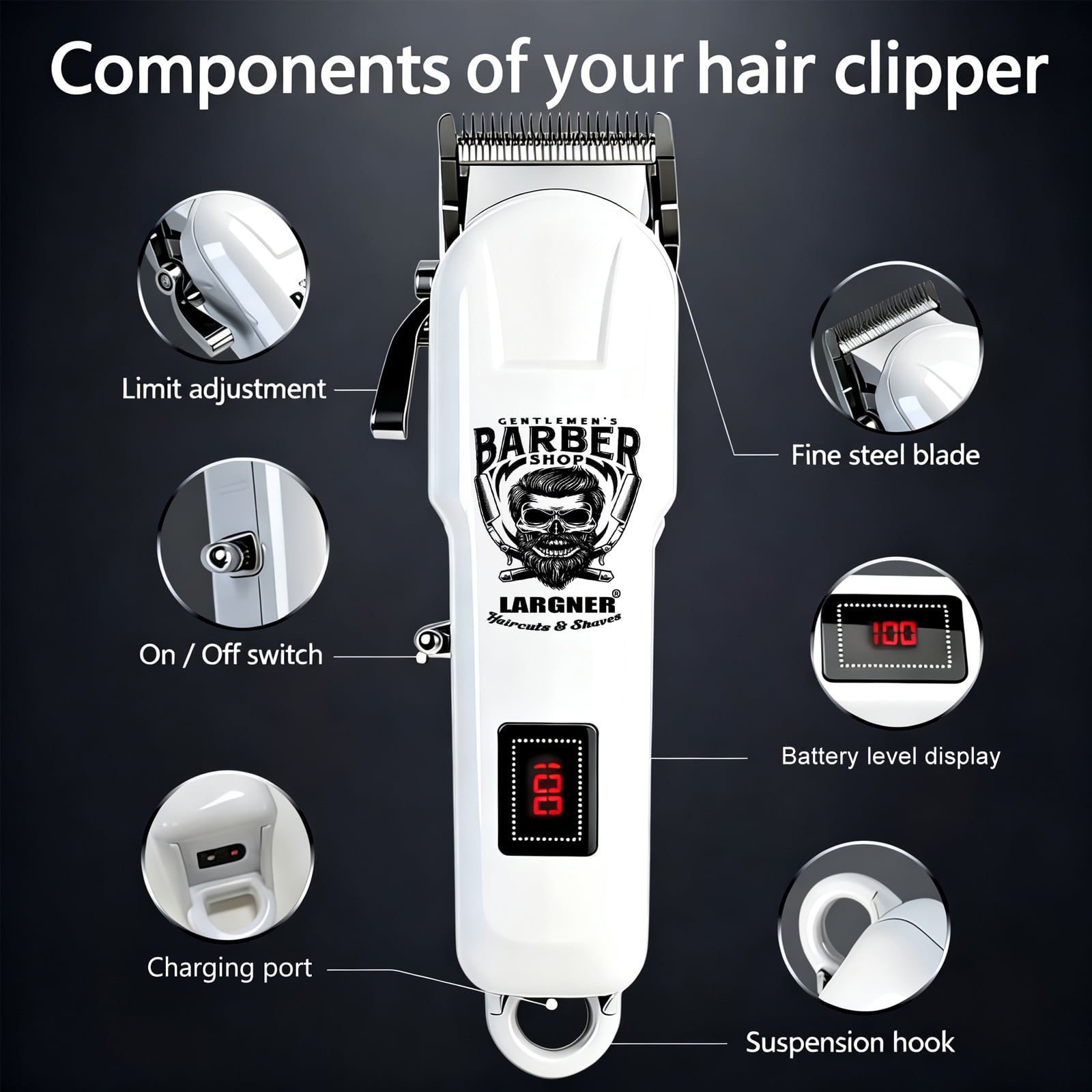 LARGNER 4-in-1 Professional Barber Hair Clippers for Men, Cordless Haircut & Grooming Kit with Zero-Gapped T-Blade, Foil Shaver & Nose Trimmer, LED Display, Gift for Him, White, 20-Piece