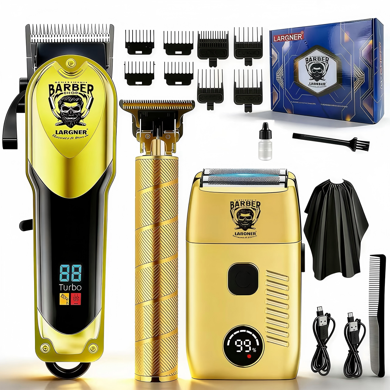 LARGNER Professional 3-in-1 Barber Grooming Kit - Cordless Hair Clipper, T-Blade Trimmer, and Foil Shaver Set with LED Display - Salon-Grade Haircutting & Shaving Tools