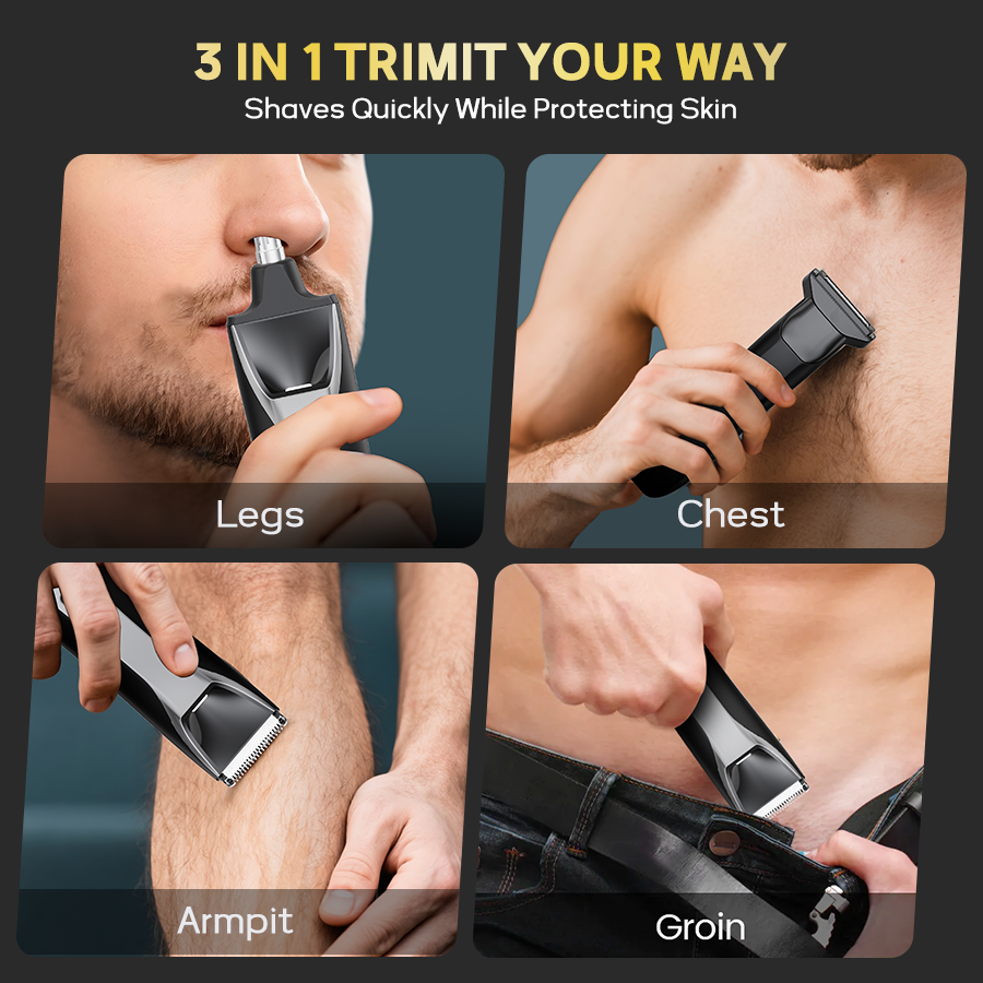 LARGNER Multi-Functional Grooming Kit – 3-in-1 Cordless Electric Trimmer, Nose Hair Clipper, and Shaver Set with Charging Base