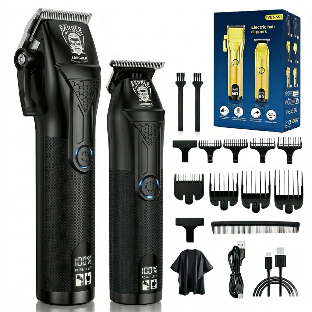LARGNER Professional Hair Clipper & T-Blade Trimmer Set – 2-in-1 Cordless Barber Grooming Kit with Digital LED Display