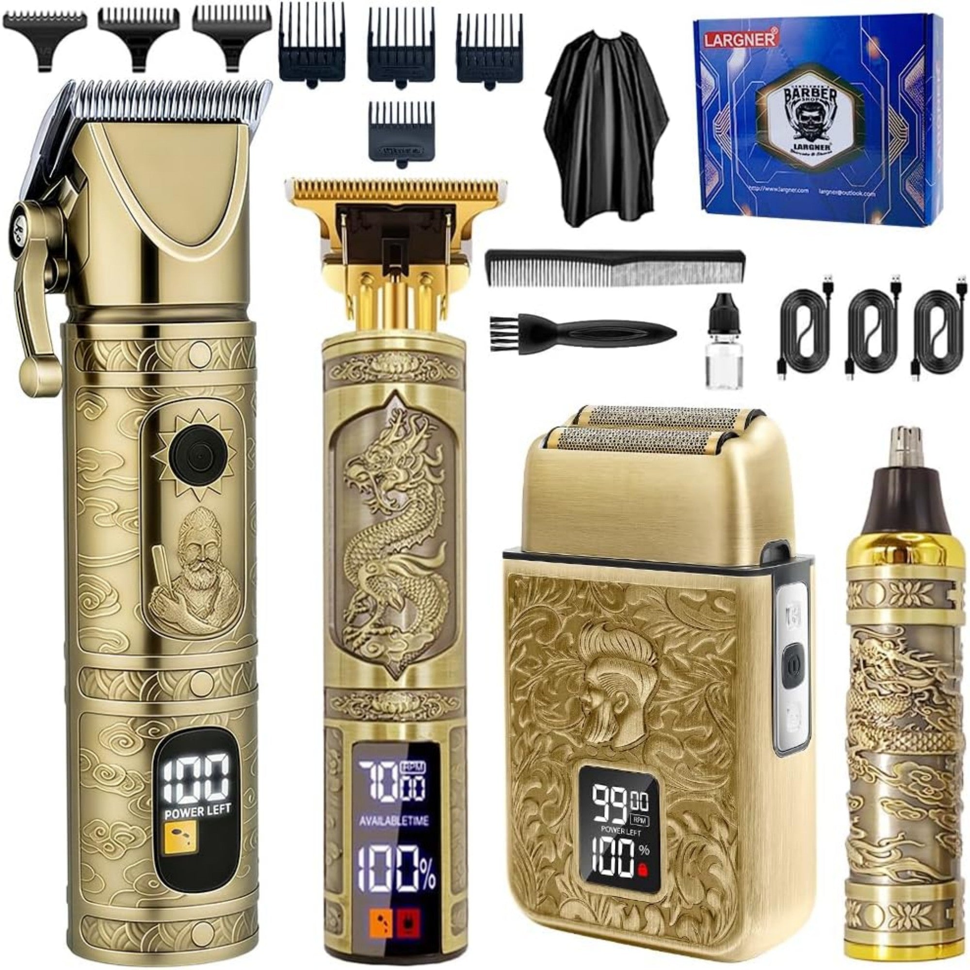 LARGNER Elite Series Professional Barber Hair Clippers for Men, Cordless Grooming Kit with Beard Trimmer, Foil Shaver & Nose Trimmer, Vintage Metal Home Haircut Set, Gold