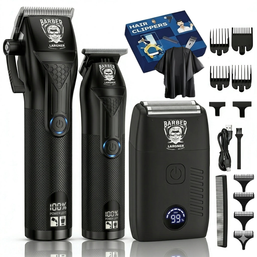 LARGNER Professional 3-in-1 Grooming Set – Cordless Hair Clipper, T-Blade Trimmer, and Foil Shaver Kit with Digital LED Display