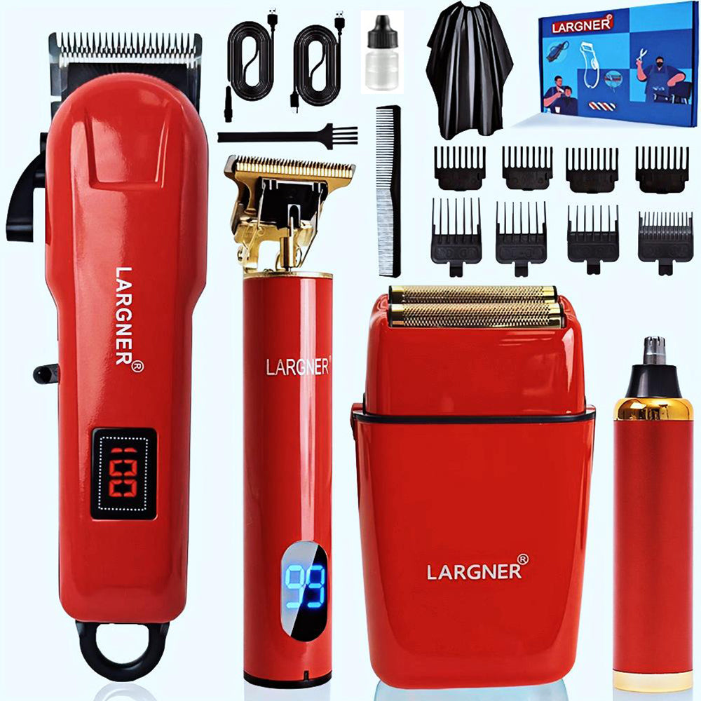 LARGNER 4-in-1 New Red Painted Electric Hair Clipper with Digital LCD Display, Portable Travel Clipper with Car Charger, Great Gift for Father's Day, Halloween, Black Friday, New Year's, and Christmas
