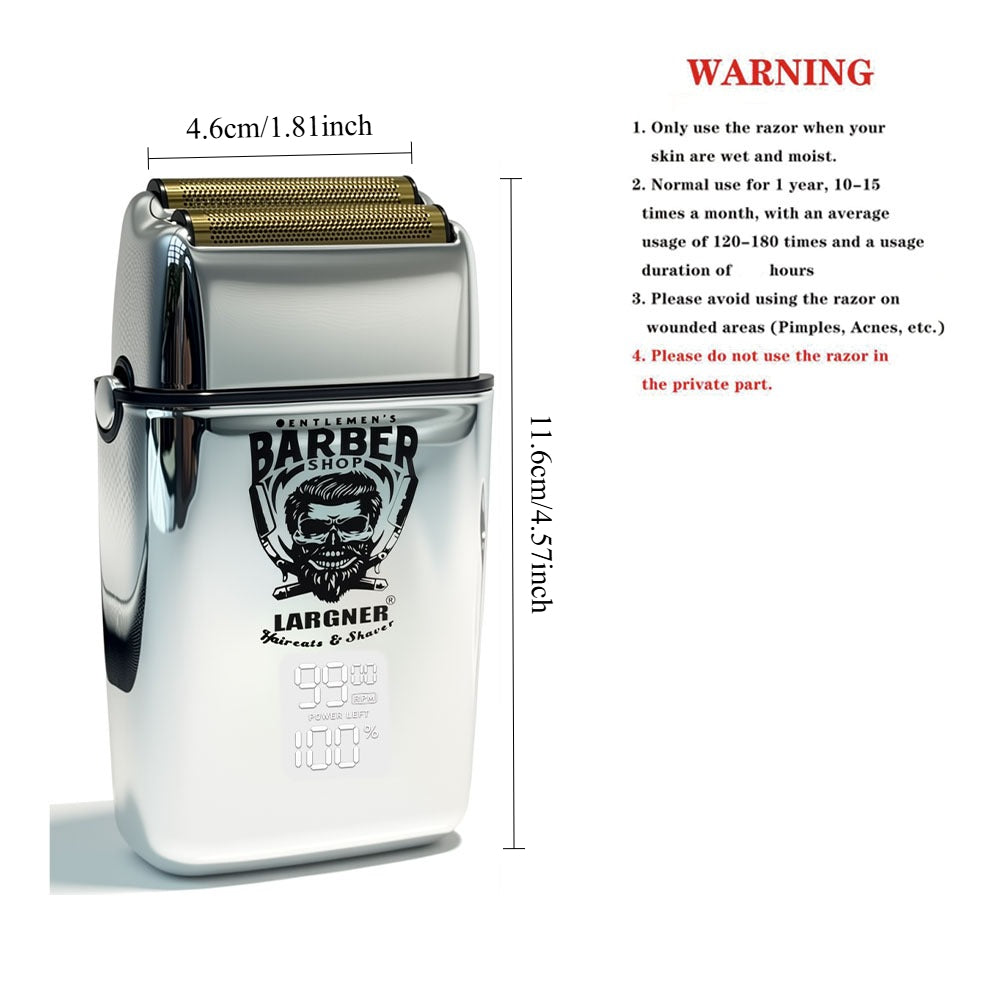 LARGNER Professional Foil Shaver – Cordless Electric Barber Shaver with Metallic Finish, LED Power Display, and Protective Cap