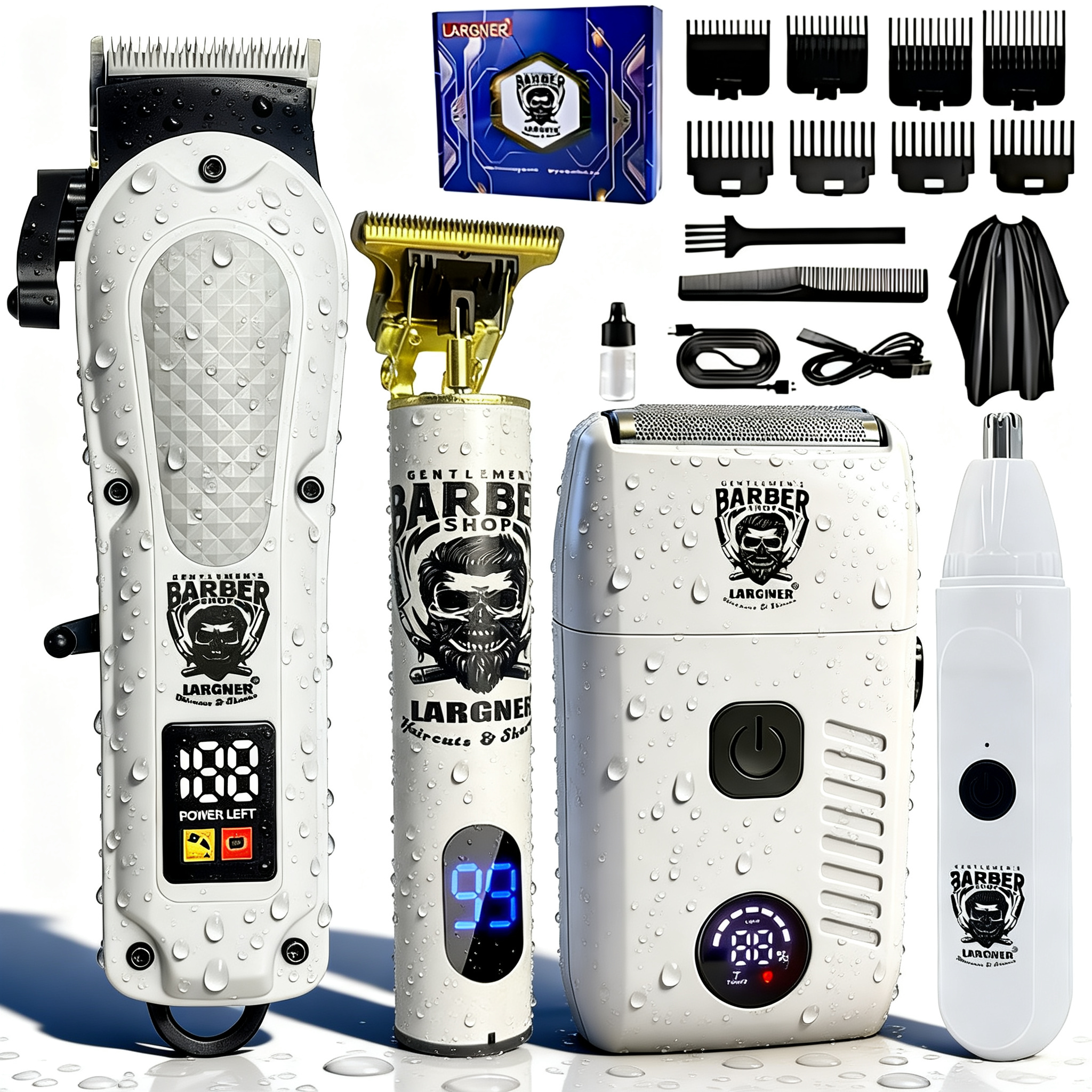 LARGNER Professional 4-in-1 Barber Grooming Kit – Premium Cordless Hair Clipper, T-Blade Trimmer, Foil Shaver & Nose Hair Trimmer Set with LED Display