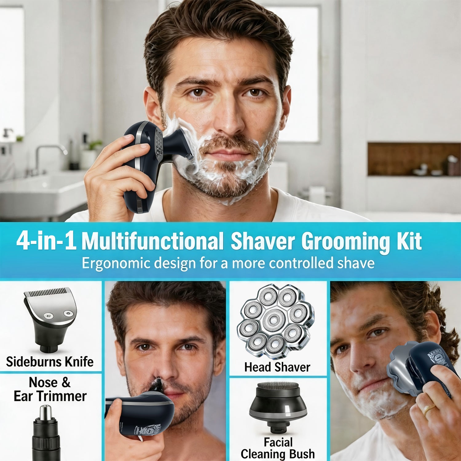 LARGNER 9D Rotary Shaver – 5-in-1 Men’s Electric Grooming Kit, Cordless 360° Floating Head Shaver with LED Display, Model LK-9350