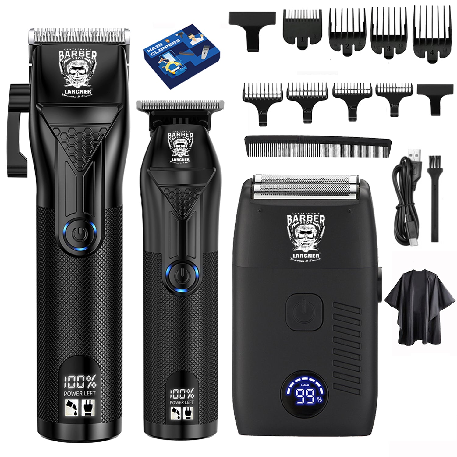 LARGNER 3-in-1 Men's Professional Barber Hair Clipper Set, Cordless T-Blade Trimmer & Foil Shaver Kit with LCD, 2-Speed & Travel Lock, Black