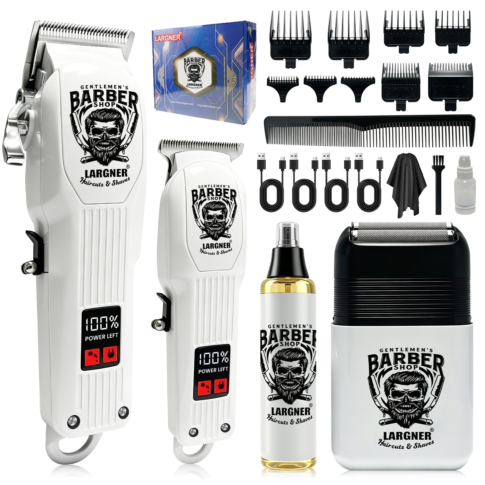 LARGNER Professional Hair Clippers for Men, Cordless Barber Clipper & Edger Set, White Mens Grooming Kit with Foil Shaver & Nose Trimmer, LED Display, Haircut Tools, Gifts for Dad