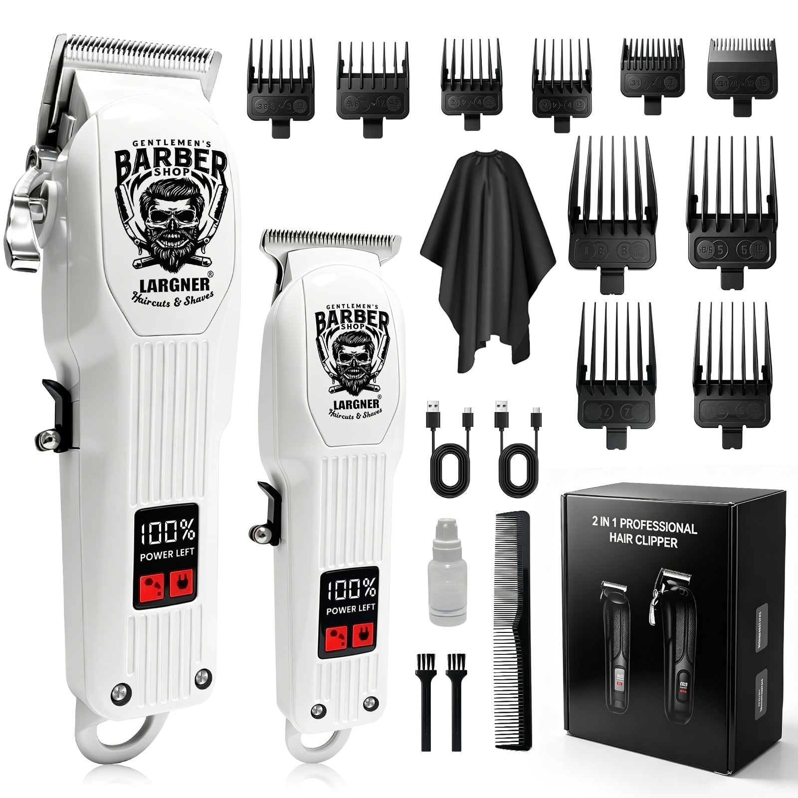 LARGNER Professional Hair Clippers for Men, Cordless Barber Clipper & Edger Set, White Mens Grooming Kit with Foil Shaver & Nose Trimmer, LED Display, Haircut Tools, Gifts for Dad