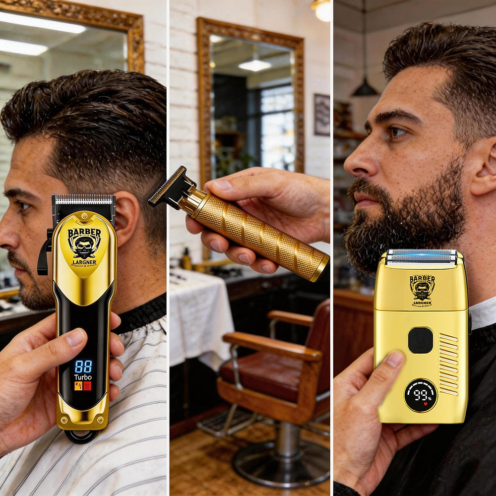 LARGNER Professional 3-in-1 Barber Grooming Kit - Cordless Hair Clipper, T-Blade Trimmer, and Foil Shaver Set with LED Display - Salon-Grade Haircutting & Shaving Tools