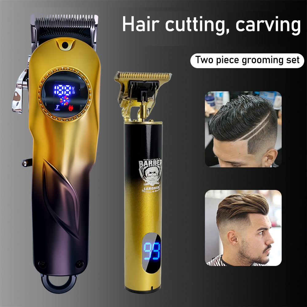 LARGNER - 2 in 1 Professional Men's Hair Clipper Set, Shaver and Men's Facial Grooming Tool, Rechargeable Hair Clipper Kit and Trimming Tool (Black Gold Gradient)