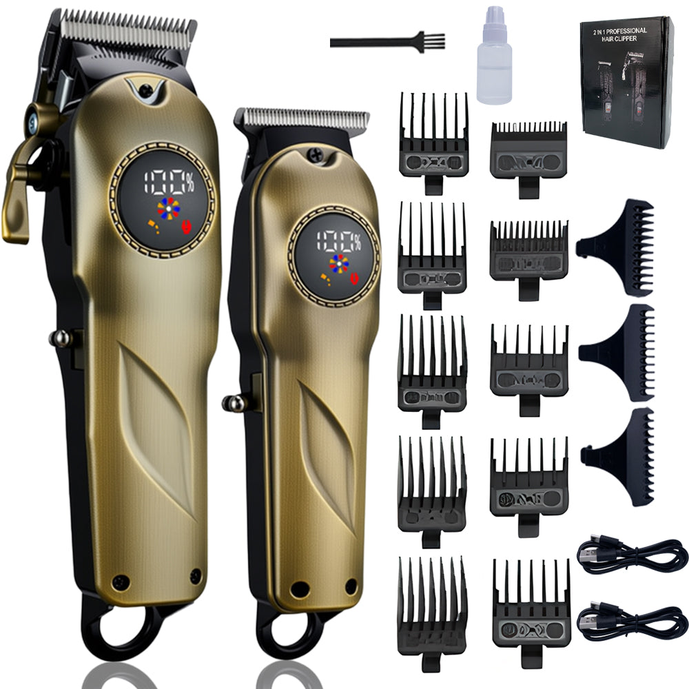 Professional 2-in-1 Hair Clipper and T-Blade Trimmer Set – Cordless Grooming Kit with Digital LED Display and Complete Guide Combs