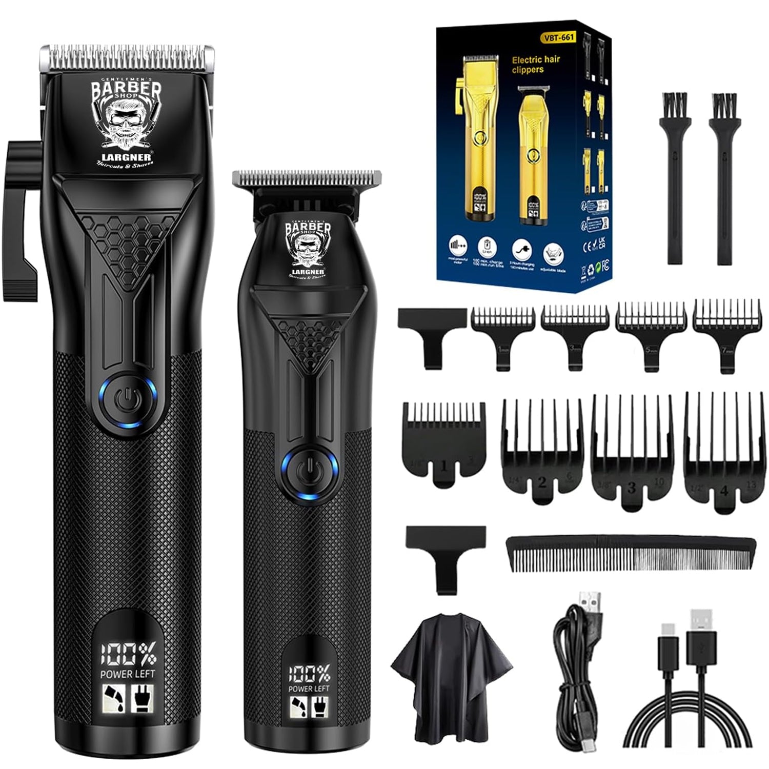 LARGNER 2-in-1 Barber Kit for Men, Metal Grip Cordless Hair Clipper & T-Blade Beard Trimmer with Smart LCD, Matte Black