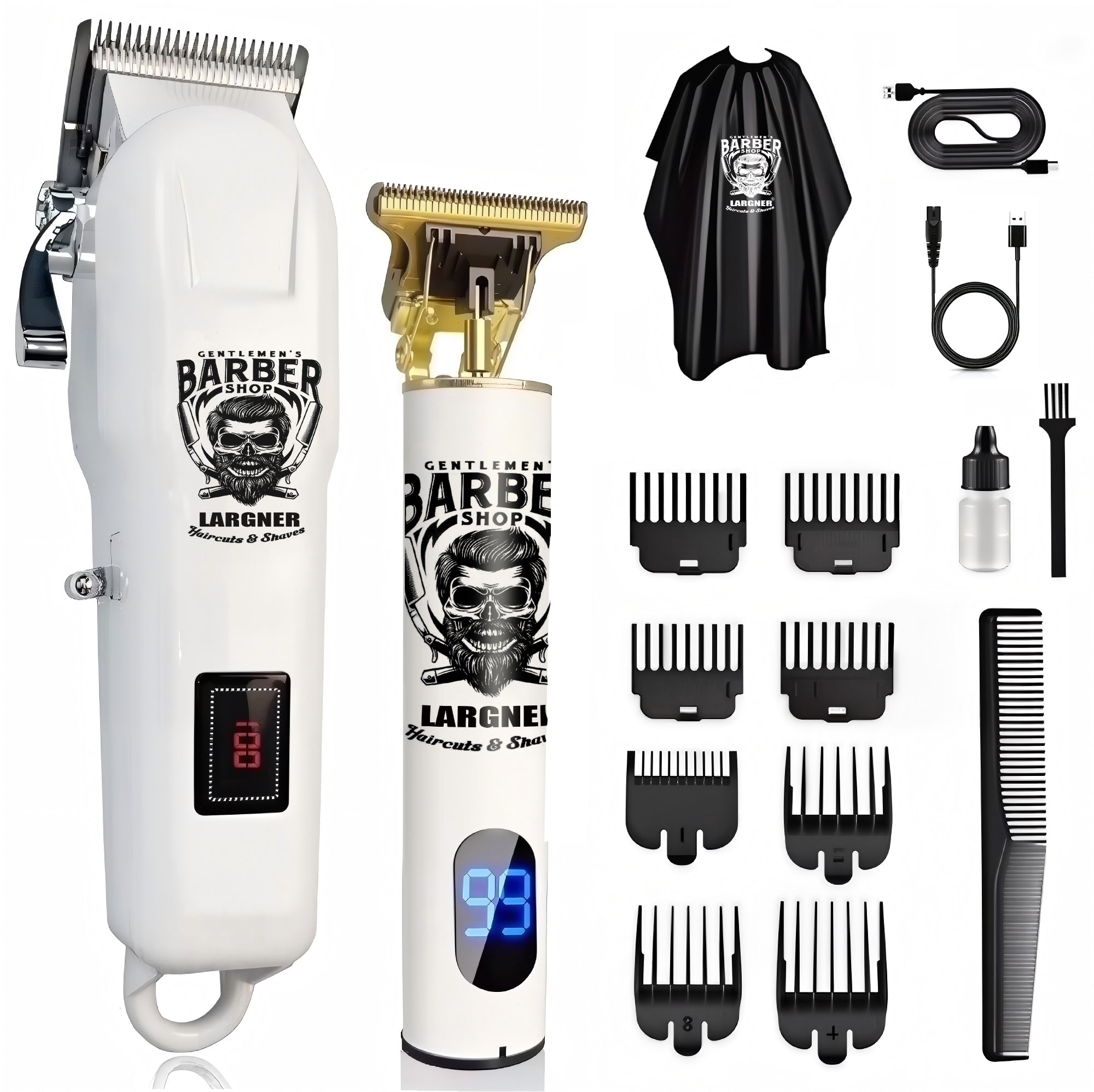 LARGNER 2-in-1 Professional Hair Clippers for Men, Cordless T-Blade Beard Trimmer & Home Haircut Kit with LED Display, White, 16-Piece