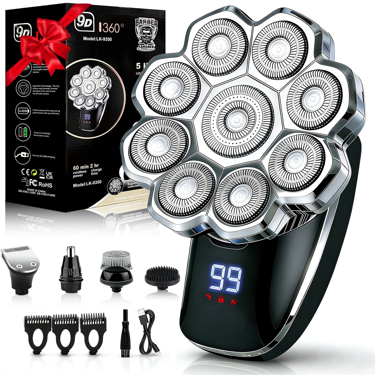 LARGNER 9D Electric Head Shaver for Bald Men, 5-in-1 Wet/Dry Cordless Rotary Razor Grooming Kit, IPX7 Waterproof, Smart LCD Display