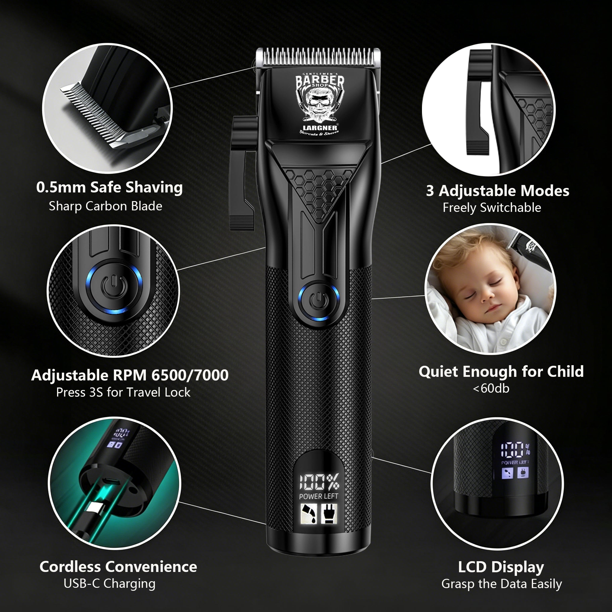 LARGNER 2-in-1 Barber Kit for Men, Metal Grip Cordless Hair Clipper & T-Blade Beard Trimmer with Smart LCD, Matte Black